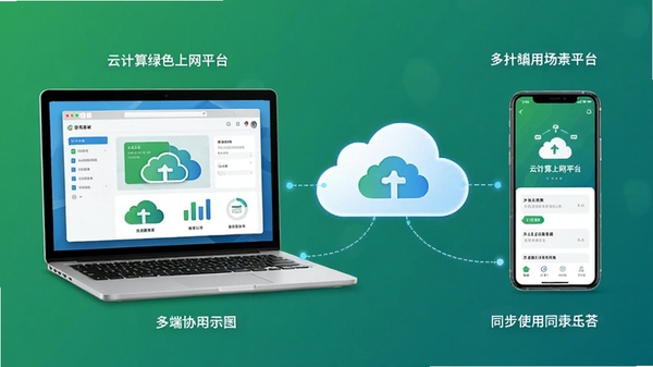 云计算绿色上网平台在电脑端与手机端同步使用的场景示意图,左侧是笔记本电脑界面,右侧是手机界面,画面通过云朵连接,体现多端协同