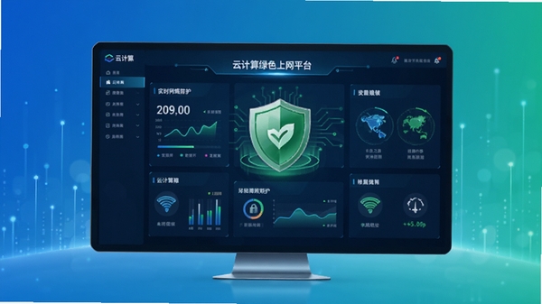 云计算绿色上网平台软件主界面展示图,背景为科技感蓝色渐变,中央展示软件实时网络防护数据面板与绿色盾牌图标,风格简洁现代,高清渲染