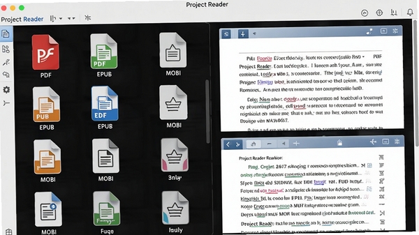 һ��Project Reader�����򿪶��ָ�ʽ�ĵ��ĶԱȽ����ͼ�������ʾPDF��EPUB��MOBI���ļ�ͼ�꣬�Ҳ�Ϊ��Ӧ�Ķ����ڣ�����������ɫ��������