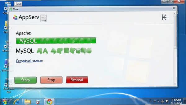 AppServ��������ͼ����ʾApache��MySQL����״̬Ϊ��ɫ�����У��·���������ֹͣ��������ť������ΪWindows����