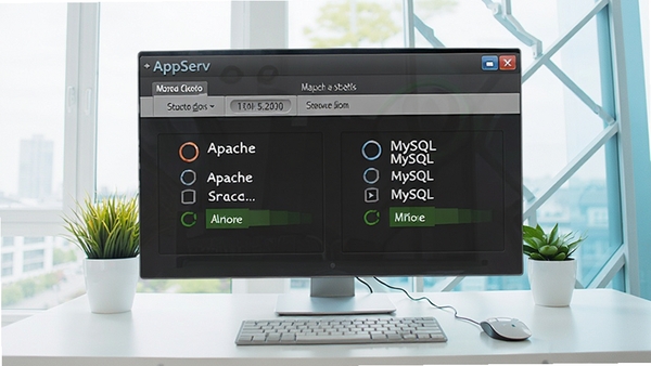 AppServ �ٷ������ͼ��չʾ Apache �� MySQL ��������״̬������Ϊ�ִ��칫���棬ɫ����������