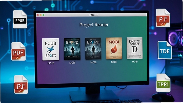 Project Reader�򿪶��ָ�ʽ�ļ����棬��Ļ�������Ų�ͬ��ʽ�ĵ�������棬��Χ���ļ���ʽͼ����EPUB��PDF��MOBI�ȣ�����Ϊ����ɫ�Ƽ������棬����ϸ��