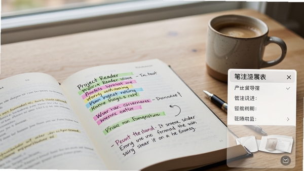 Project Reader�ʼǱ�ע����չʾ��һ���򿪵���ҳ���в�ɫ������Ǻ���ע���Ա��бʼǵ����˵�������Ϊ��Լ����������һ�����ȣ���Χ��������