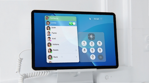 Apple����绰����չʾ���ִ���Լ�����������ʾ��ϵ���б��Ͳ��ż��̣�����Ϊ��ɫ���䣬������Ⱦ
