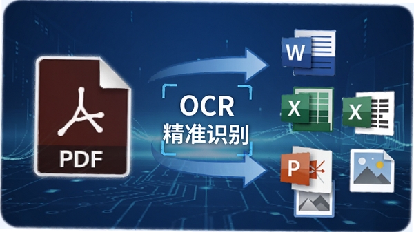 һ��չʾPDF Gallery��ʽת�����ܵ�ʾ��ͼ�������PDF�ļ�ͼ�꣬�ұ���Word��Excel��PPT��ͼƬ�ȸ�ʽͼ�꣬�м��м�ͷ���ӣ������С�OCR ��׼ʶ������������Ϊ�Ƽ�����ɫ����