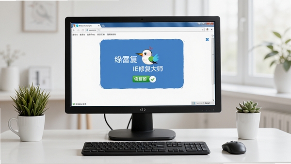 用户正在电脑上操作啄木鸟IE修复大师,显示修复完成,浏览器恢复正常,桌面整洁