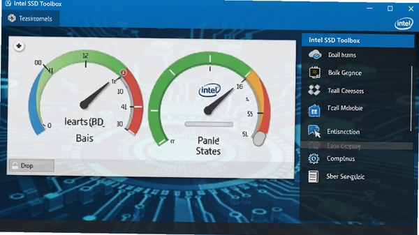 Intel SSD Toolbox软件主界面截图,展示硬盘健康状态仪表盘和功能菜单列表,风格简洁专业,蓝色科技感背景