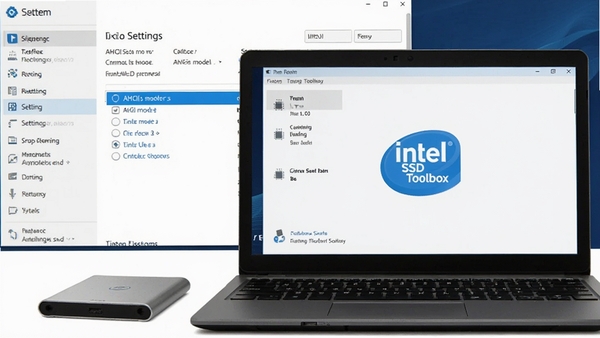 Intel SSD Toolbox �����ڱʼǱ��ϣ��Ա߷����ƶ�Ӳ�̣�������ϵͳ���ý��棬������ʾAHCIģʽѡ��