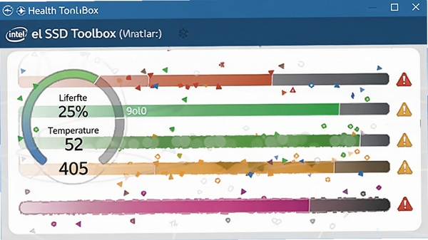 Intel SSD Toolbox �������ҳ�棬��ʾ�����ٷֱȡ��¶ȡ�д���������ݣ����Բ�ɫ�������;����ʶ