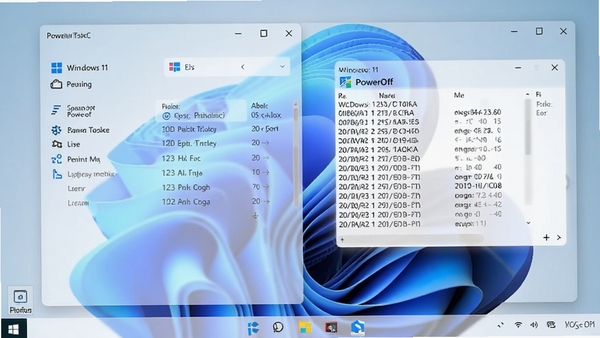 PowerOff������Windows 11ϵͳ�����н�ͼ����ʾ����ͼ�ꡢ�ƻ������б�����־���ڣ�����Ϊ΢��Ĭ�ϱ�ֽ�������͸��ë����Ч��������