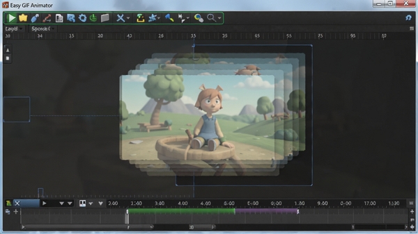 Easy GIF Animator��֡�༭���棬��ʾ���ƤЧ������֡������Ӱ�͸����ʾ��ʱ����λ�ڵײ���������������ʾ