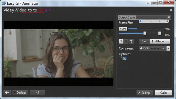 Easy GIF Animator��ƵתGIF�򵼽��棬��ʾ��ƵԤ�����ں����������壬����֡�ʻ����ѹ��ѡ��