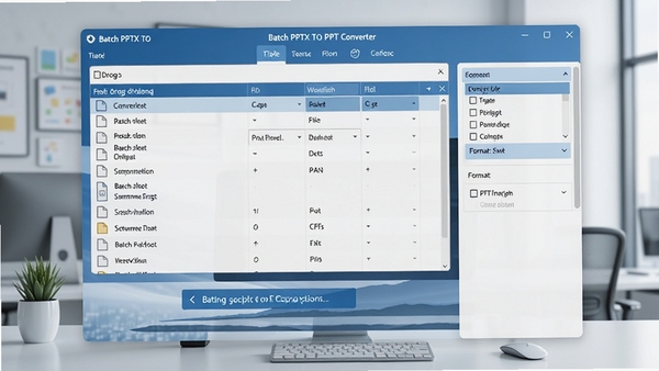 ����һ��չʾBatch PPTX TO PPT Converter����������ĸ���ͼƬ����������ļ��б���ק��������ת����ť����ʽѡ����壬����Ϊ�ִ��칫���棬ɫ��������Ϊ��������רҵ���Ч��