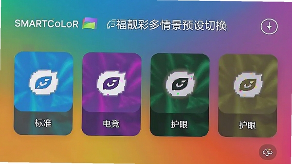 SmartColor�и����ʶ��龰Ԥ���л����棬չʾ��ͬģʽ�µ���Ļɫ��Ч�����죬���׼���羺�����۵ȣ�ͼ������������Ϊ��ʽ���