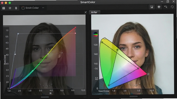 SmartColor�и�����ɫ����٤�����ڽ��棬��ʾɫ������ͼ��ɫ�������Σ����Ϊԭʼͼ���Ҳ�Ϊ���ں�Ч����ɫ�ʱ������������רҵ��ɫ�����İ�ɫ���⣬��������������ʾ�ڱ�����