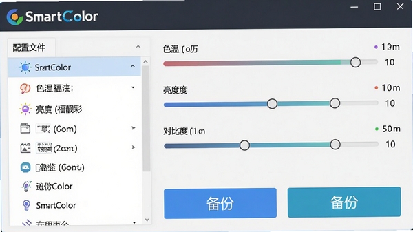 SmartColor�и����������ļ��������棬���Ϊ�����ļ��б����Ҳ���ʾ��ϸ����������ɫ�¡����ȡ��Աȶȣ�����Ϊǳ��ɫ�����沼������������Ŀ�ı��ݺ͵��밴ť������logo�������Ͻ�