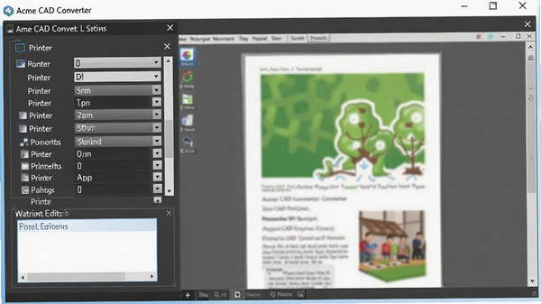 Acme CAD Converter������ӡ���ý��棬��ʾ��ӡ��ѡ���ˮӡ�༭�򣬱����д�ӡԤ��ͼ�����������