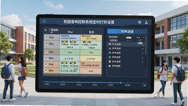 校园音响控制系统定时打铃设置界面,展示一周课表与铃声选择列表,时间轴清晰,背景为现代化校园一角