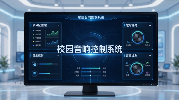 校园音响控制系统主界面展示图,包含分区管理、定时任务、音量控制等模块,整体风格简洁明亮,科技感强,屏幕中央显示软件名称“校园音响控制系统”