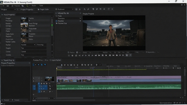 VEGAS Pro 16 �������ý��棬��ʾ��Ŀ��������Ⱦ����ѡ�����Ϊ��Ƶ�༭������
