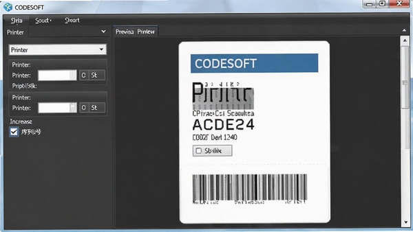 CODESOFT������ӡ���ý��棬��ʾ��ӡ��ѡ�񡢴�ӡ���������кŵ���ѡ���ģ�����ӡԤ��Ч������ǩ����