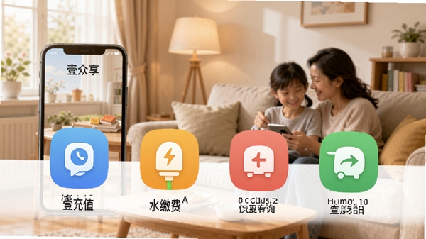 Ҽ����APP�������������չʾ�������ֻ���ֵ��ˮ��ɷѡ���ݲ�ѯ�Ȳ�ɫͼ�꣬����Ϊ��ܰ�ļ�ͥ������������ͣ�ͻ������ԡ�