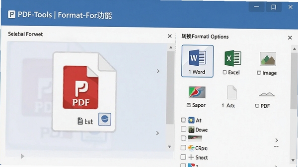 չʾPDF-Tools��ʽת�����ܽ��棬ѡ��PDF�ļ����Ҳ���ʾת����ʽѡ�����Word��Excel��ͼƬ�ȣ�������������