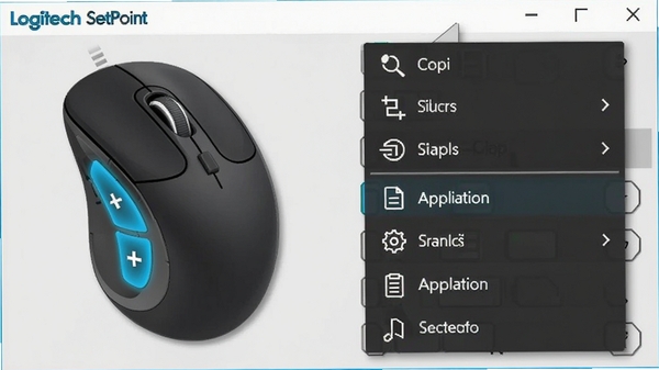 Logitech SetPoint �������ý��棬�����������ʾ���Աߵ������ܲ˵����������ơ�ճ�����л�Ӧ�õ�ѡ�����Ϊǳ��ɫ���������