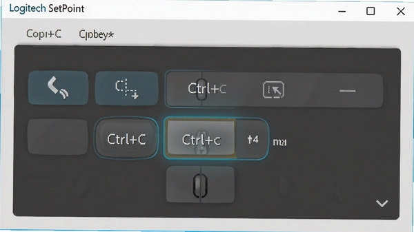 Logitech SetPoint�����Զ�����棬չʾ�������ӳ��ΪCtrl+C���ƹ��ܵĲ����������࣬������ʾ�󶨰���������Ϊǳ��ɫ��ͻ�Թ���������������֡�