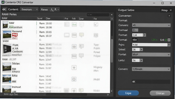 Contenta CR2 Converter�����������ͼ��չʾRAW�ļ��б����������ѡ�����������������Ϊ��ɫרҵ���ͻ��ת����ť�͸�ʽѡ������4K���廭��