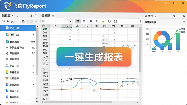 一张展示制表飞侠(FlyReport)电脑版主界面的高清截图,界面包含左侧数据源列表、中间表格编辑区、右侧图表预览面板,整体风格简洁现代,色彩明亮,突出软件的品牌LOGO和“一键生成报表”的核心功能按钮