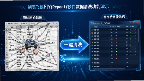 制表飞侠(FlyReport)软件数据清洗功能演示图,左侧为杂乱无章的原始数据表格,右侧为经过智能清洗后的规范数据列表,中间用箭头连接,背景为科技感蓝色调,突出“一键清洗”按钮