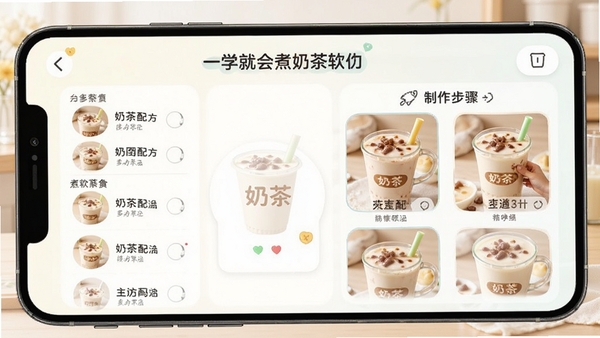 一学就会煮奶茶软件界面展示,包含多种奶茶配方列表和制作步骤图,风格清新明亮,突出教学功能