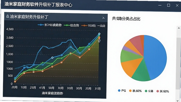 油米家庭财务软件升级补丁报表中心展示,包含折线趋势图、饼状分类占比图,图表色彩丰富,数据清晰