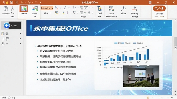 ���м���Office��ʾ�ĸ���棬��ʾһҳ�Ƽ���ʮ��Ļõ�Ƭ���������⡢Ҫ�㡢ͼ����ͼƬ��������������ʾ�������л�Ч�����õ�Ƭ��ӳ��ť���������ۣ��Ӿ������ǿ