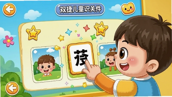 ˫�ݶ�ͯʶ������������Ϸ���棬���������϶����ֿ�Ƭ����Ӧ��ͼƬ�ϣ����������ͨԪ�غͽ�����Ч