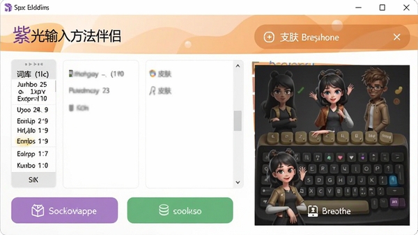 紫光拼音输入法伴侣的主界面截图,展示词库管理和皮肤定制功能,界面简洁现代,色彩明快,突出软件名称和主要功能按钮。