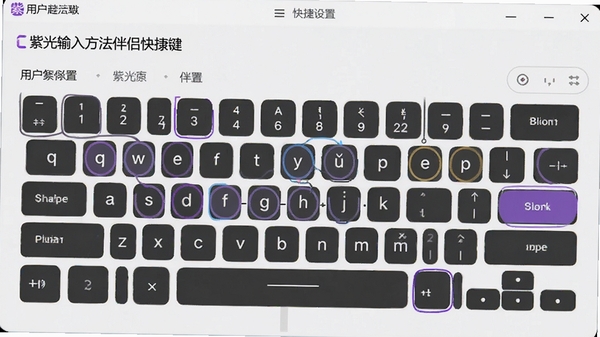 展示紫光拼音输入法伴侣的快捷键设置界面,键盘示意图上高亮显示用户自定义的按键组合,界面简洁,易于操作。