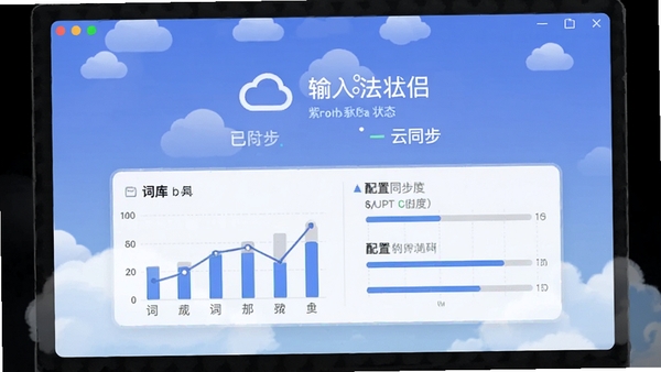 展示紫光拼音输入法伴侣的云同步功能界面,云端状态显示已同步,数据图表展示词库和配置的同步进度,背景为云朵图案。