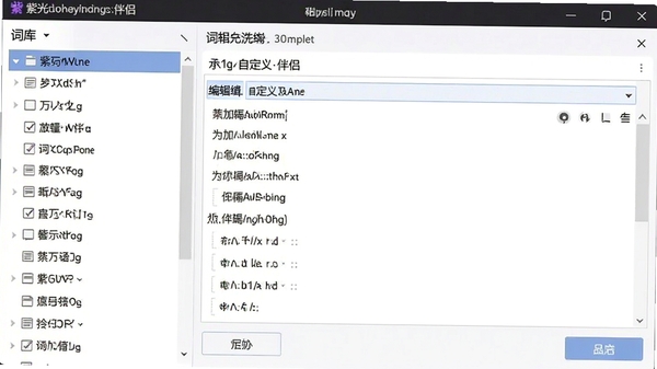 展示紫光拼音输入法伴侣的词库管理界面,左侧为词库列表,右侧为词条编辑区域,用户正在添加自定义词汇,界面清晰,操作便捷。