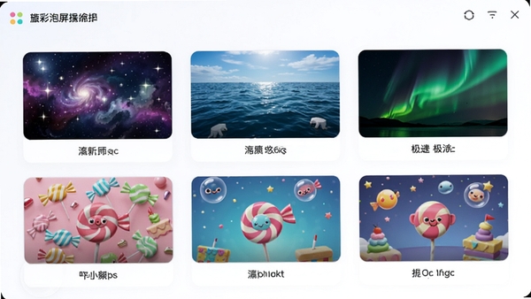 璇彩泡泡屏保主题切换界面,展示多个主题缩略图,包括星空、海洋、极光、糖果等风格,界面设计简洁美观,图标清晰,突出软件个性化定制功能。