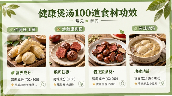 ��������100��ʳ�Ĺ�Чҳ�棬չʾɽҩ����轡�����ȳ���ʳ�ģ�ÿ��ʳ���Ա߱�עӪ���ɷֺ͹�Ч˵�������������ɫ��Ȼ�������ʳ��ʵ��ͼ������ʵ��