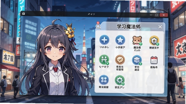 日语魔法师电脑版主界面展示,融合动漫元素与学习面板,背景为东京街景,界面清爽,功能图标清晰,适合作为软件介绍头图