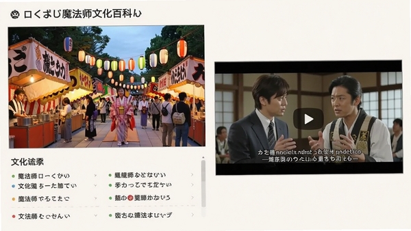 日语魔法师文化百科界面,展示日本祭典图片,下方有文化词条列表,右侧视频窗口播放日剧片段,双语字幕,页面布局规整