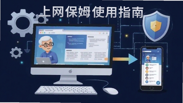 上网保姆使用指南插图,展示电脑端与手机端协同操作示意图,背景有设置齿轮和盾牌图标。