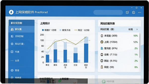 上网保姆软件主界面截图,展示家长控制面板、上网统计图表、网站拦截列表,风格简洁清晰,色彩以蓝色和白色为主,体现专业与信赖感。