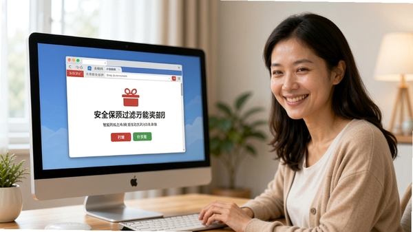上网保姆智能网页过滤功能示意图,显示拦截警告页面,背景是家长满意的微笑,突出安全守护主题。