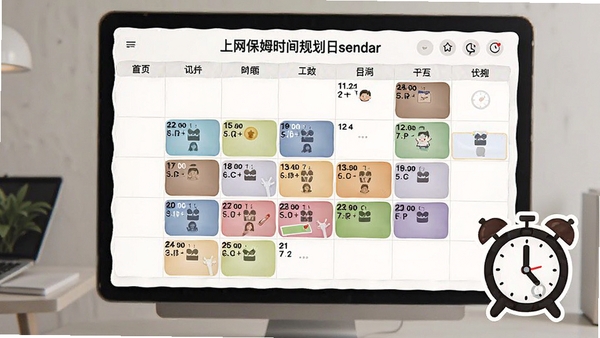 上网保姆时间规划日历视图,不同颜色代表不同限制策略,旁边有闹钟图标,强调时间管理功能。