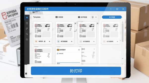 好易用快递单打印软件主界面展示,整洁的打印模板列表和醒目的打印按钮,背景为快递面单和包裹,风格清新专业