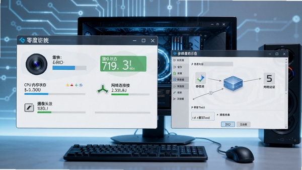 零度摄像头录像软件运行环境检查示意图,显示系统诊断窗口,包括CPU内存占用、摄像头状态、网络连接等,以及修复工具界面,背景为电脑桌面,科技感风格。